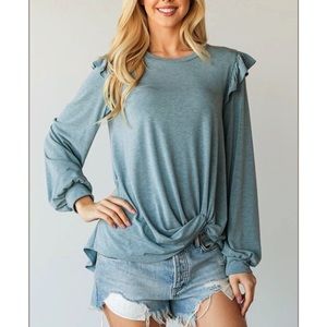 CY Fashion Twist Front Ruffle Shoulder Long Sleeve Top Women’s S in Vintage Teal